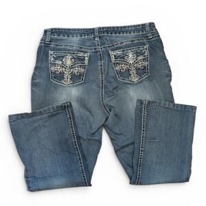 ND Weekend 2000s Y2K Blue Denim Bootcut Jeans With Cross On Pockets
